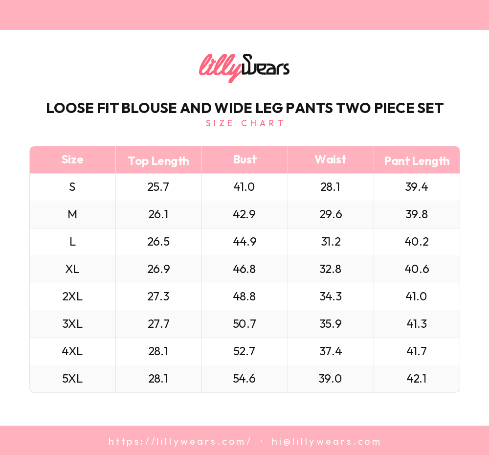 Loose Fit Blouse and Wide Leg Pants Two Piece Set size chart