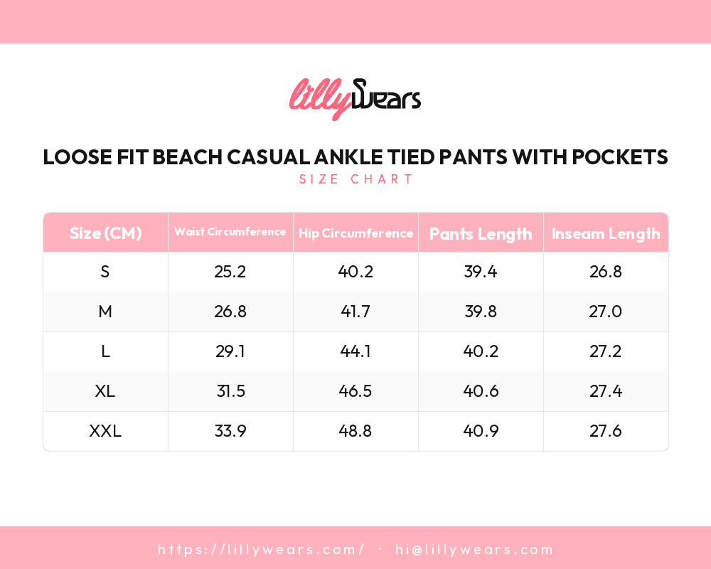 Loose Fit Beach Casual Ankle Tied Pants with Pockets size chart