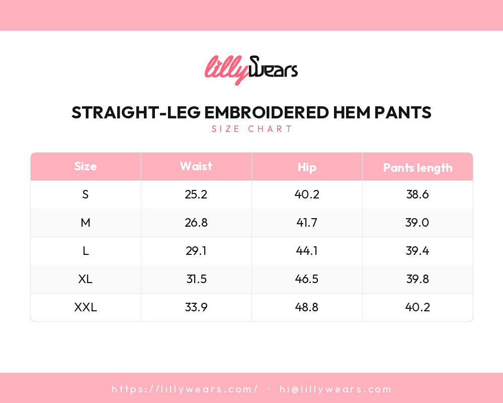 Straight-Leg Embroidered Hem Pants size chart