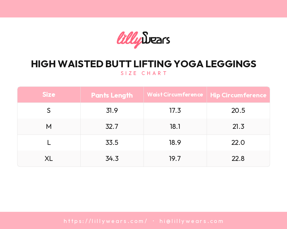 High Waisted Butt Lifting Yoga Leggings size chart