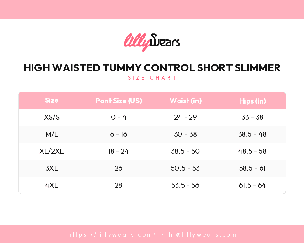 High Waisted Tummy Control Short Slimmer size chart