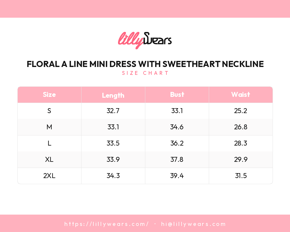 Floral A Line Mini Dress with Sweetheart Neckline size chart