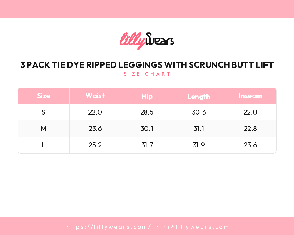 3 Pack Tie Dye Ripped Leggings with Scrunch Butt Lift size chart