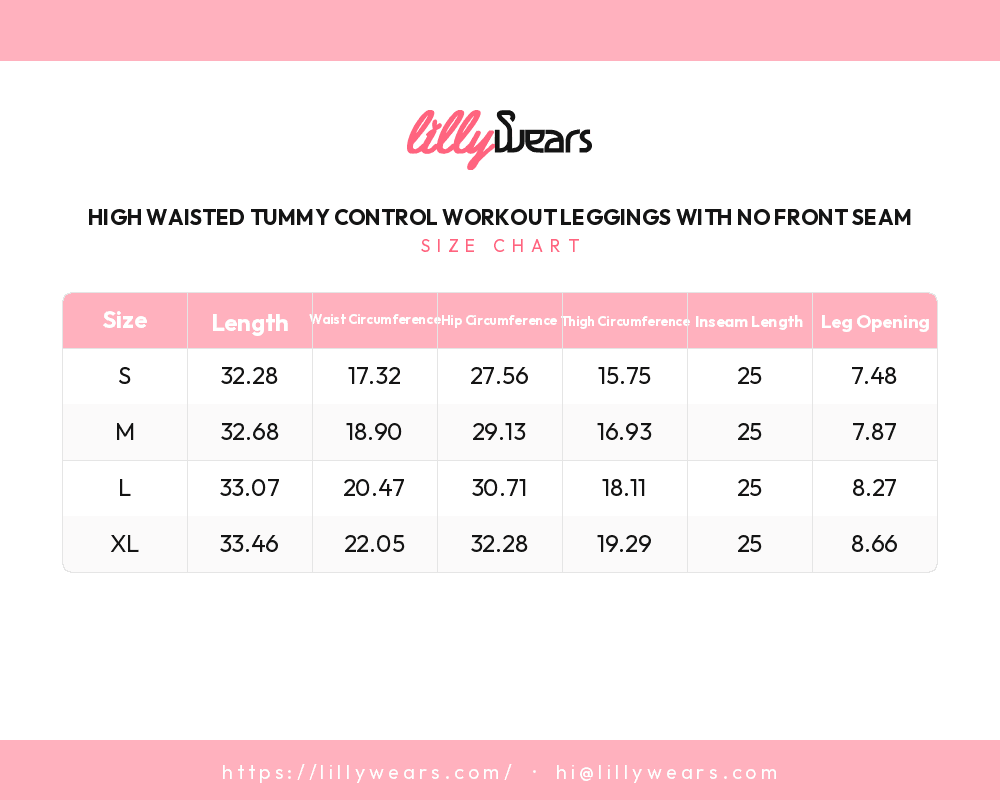 High Waisted Tummy Control Workout Leggings with No Front Seam size chart