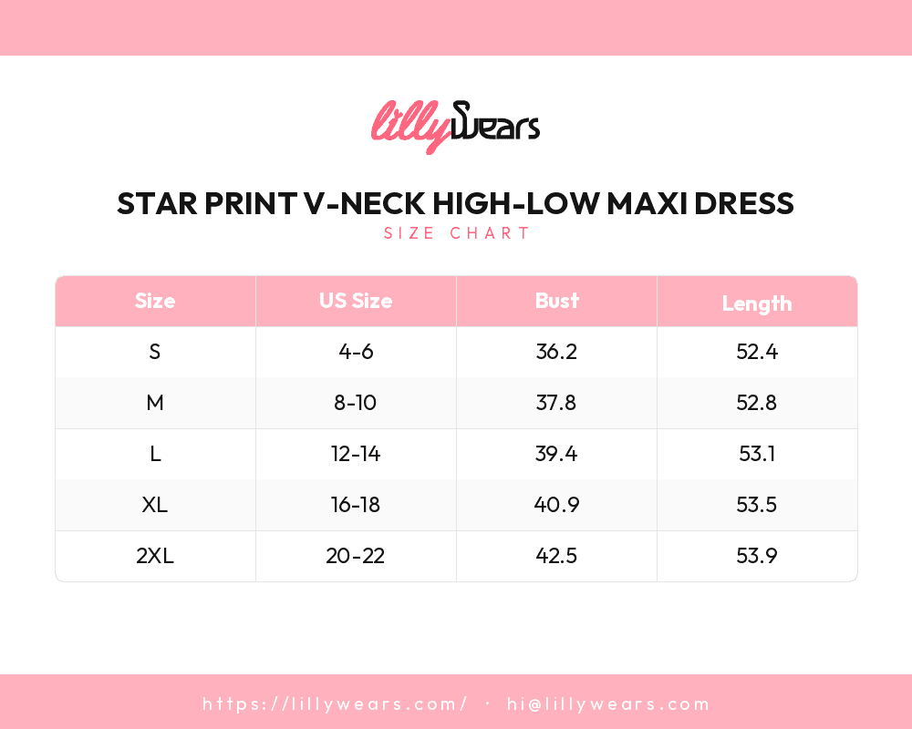 Star Print V-Neck High-Low Maxi Dress size chart