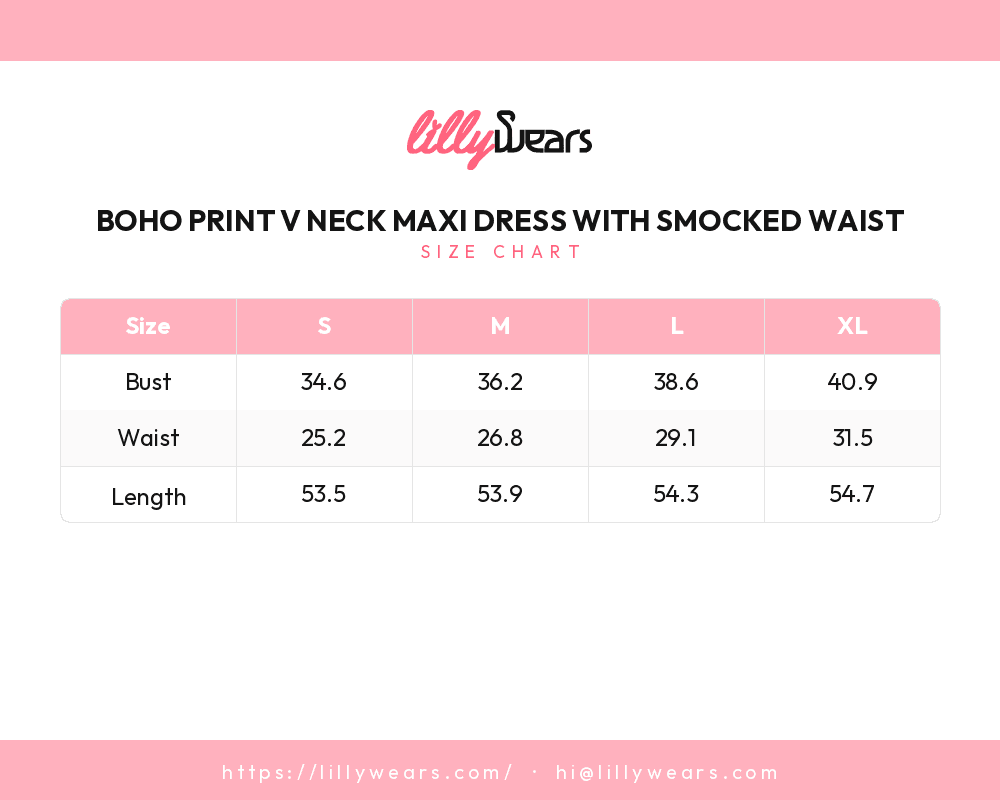 Boho Print V Neck Maxi Dress with Smocked Waist size chart