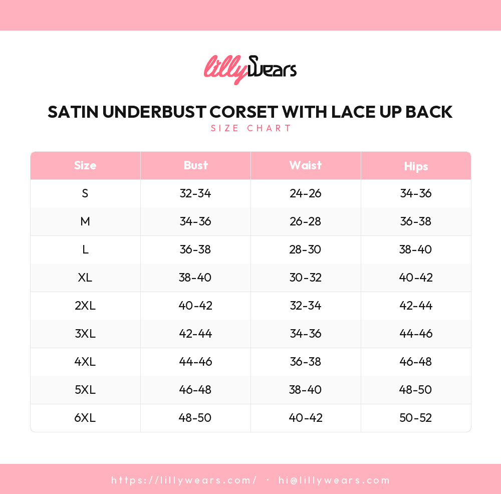 Satin Underbust Corset with Lace Up Back size chart