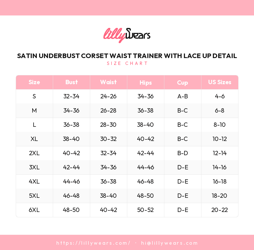 Satin Underbust Corset Waist Trainer with Lace Up Detail size chart