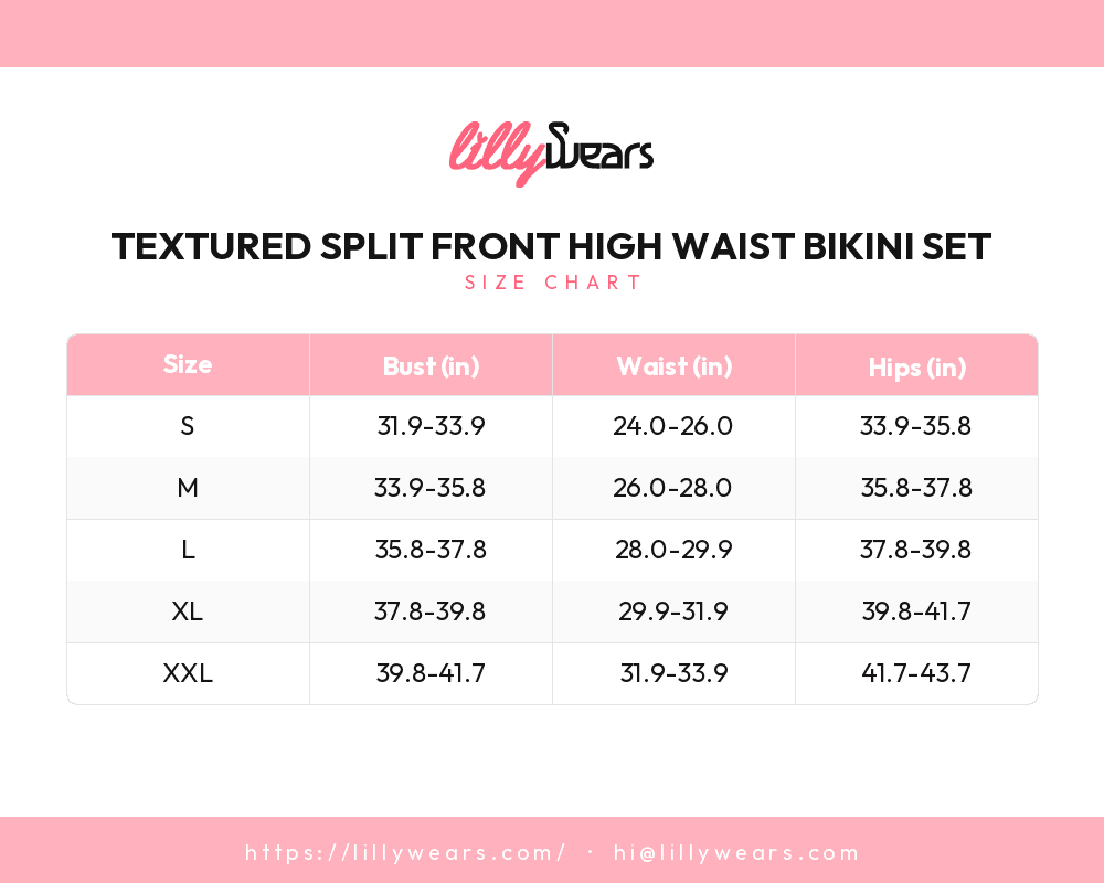 Textured Split Front High Waist Bikini Set size chart