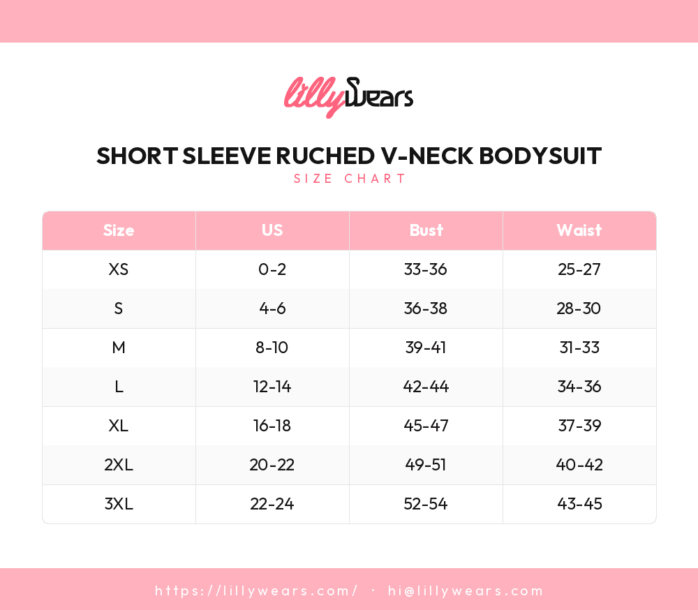 Short Sleeve Ruched V-Neck Bodysuit size chart