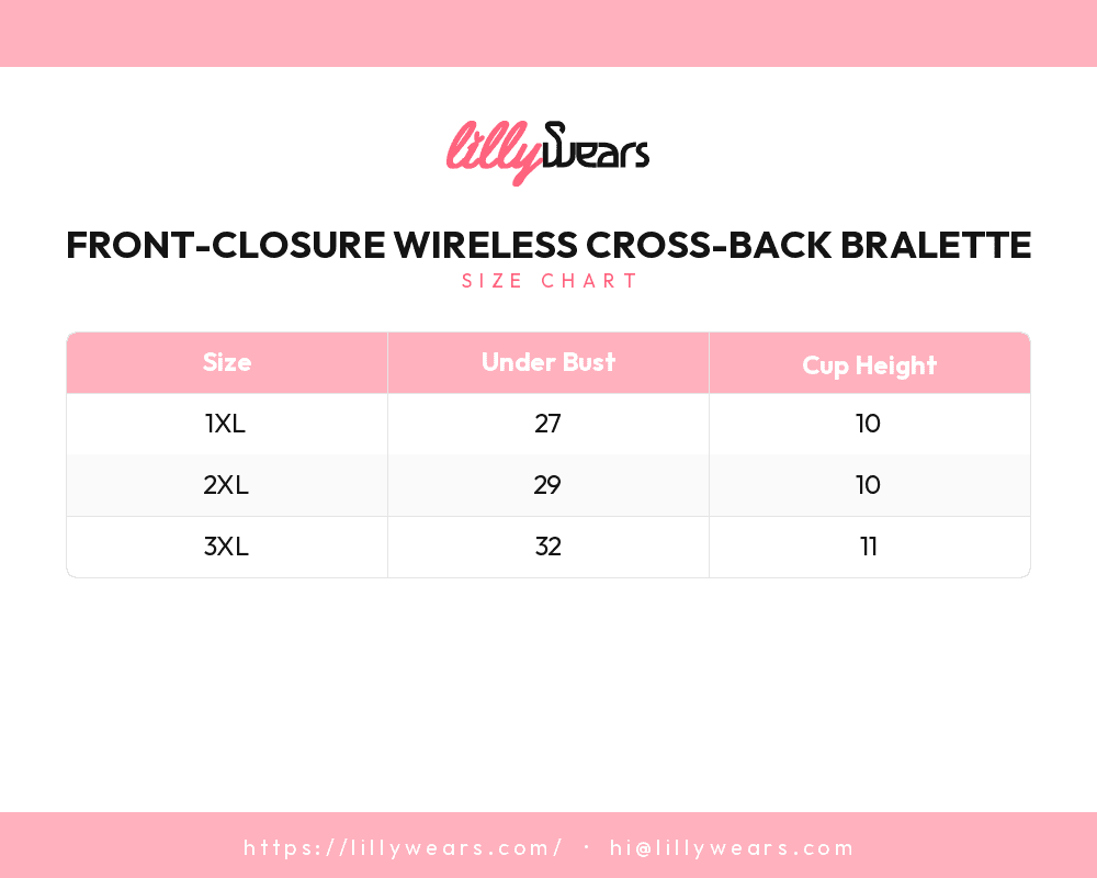 Front-Closure Wireless Cross-Back Bralette size chart