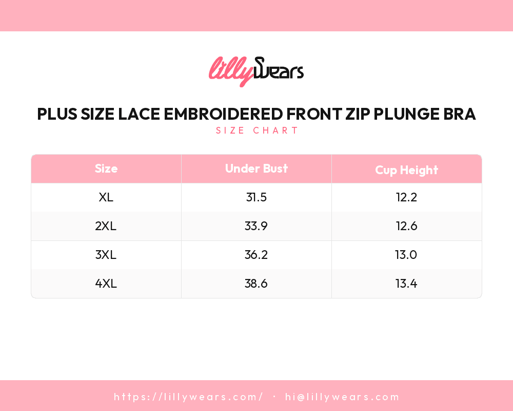 Plus Size Lace Embroidered Front Zip Plunge Bra size chart