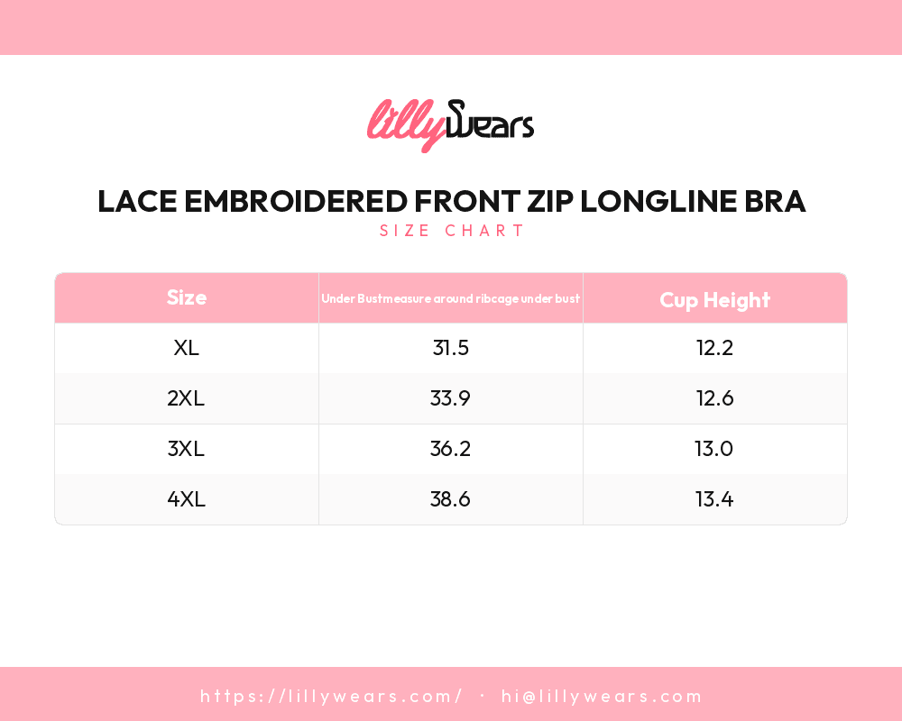 Lace Embroidered Front Zip Longline Bra size chart