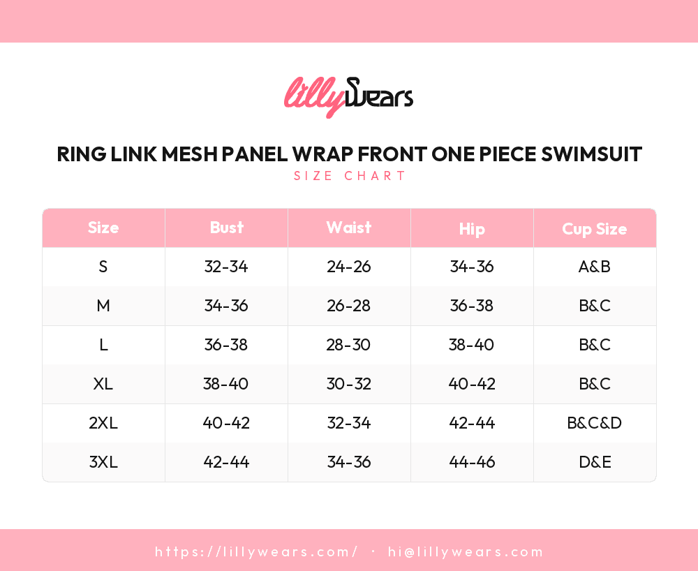 Ring Link Mesh Panel Wrap Front One Piece Swimsuit size chart