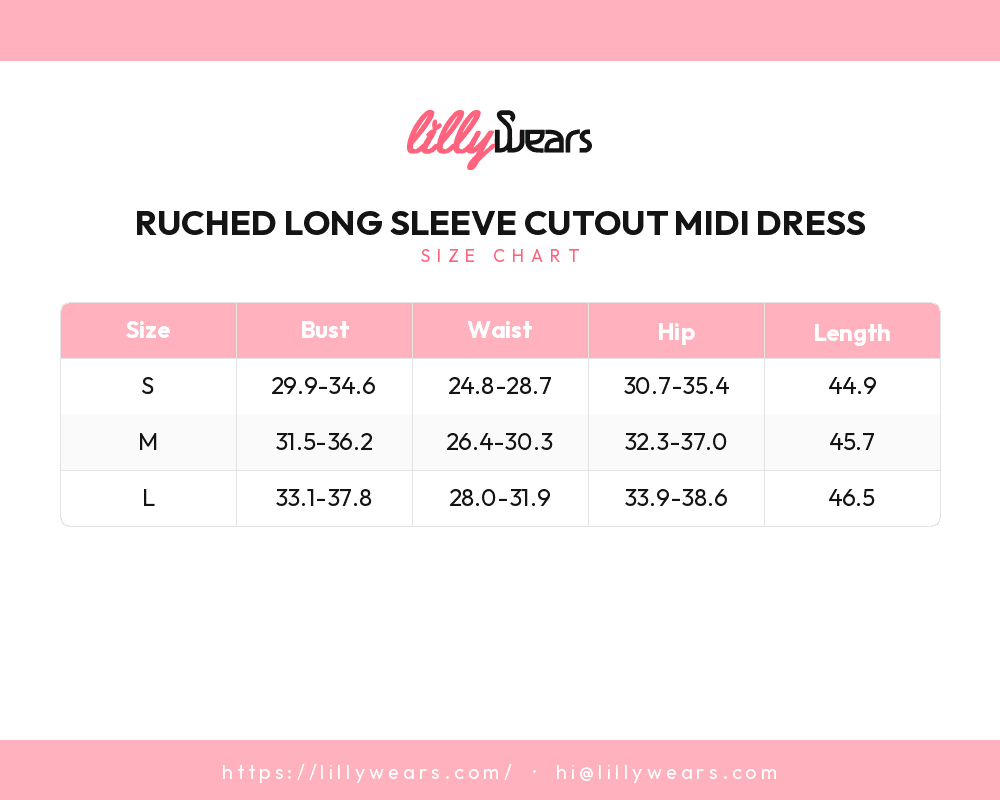 Ruched Long Sleeve Cutout Midi Dress size chart