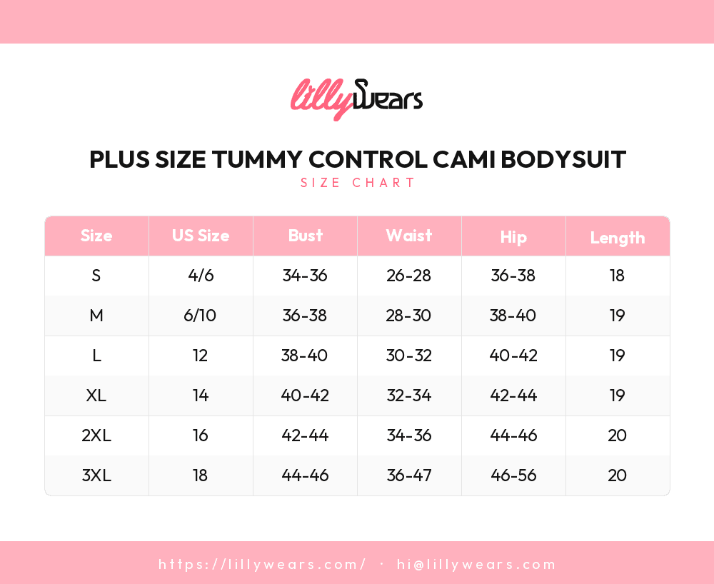 Plus Size Tummy Control Cami Bodysuit size chart