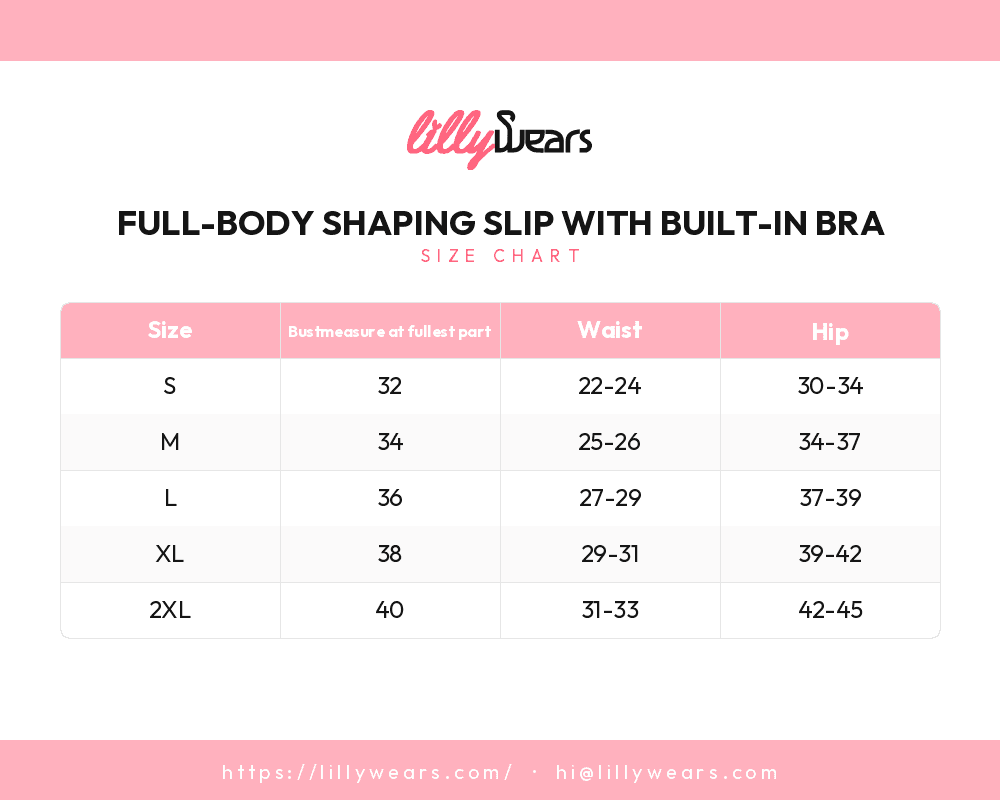Full-Body Shaping Slip with Built-In Bra size chart