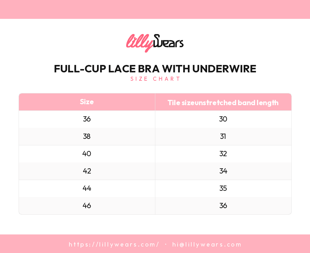 Full-Cup Lace Bra with Underwire size chart