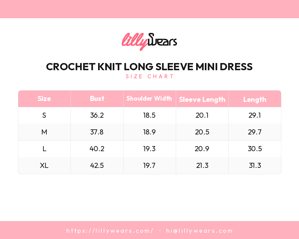 Crochet Knit Long Sleeve Mini Dress size chart
