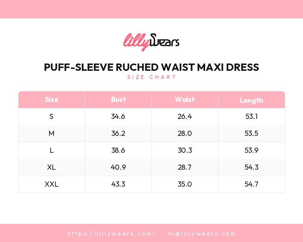 Puff-Sleeve Ruched Waist Maxi Dress size chart
