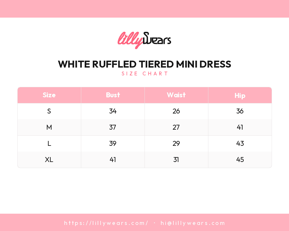 White Ruffled Tiered Mini Dress size chart