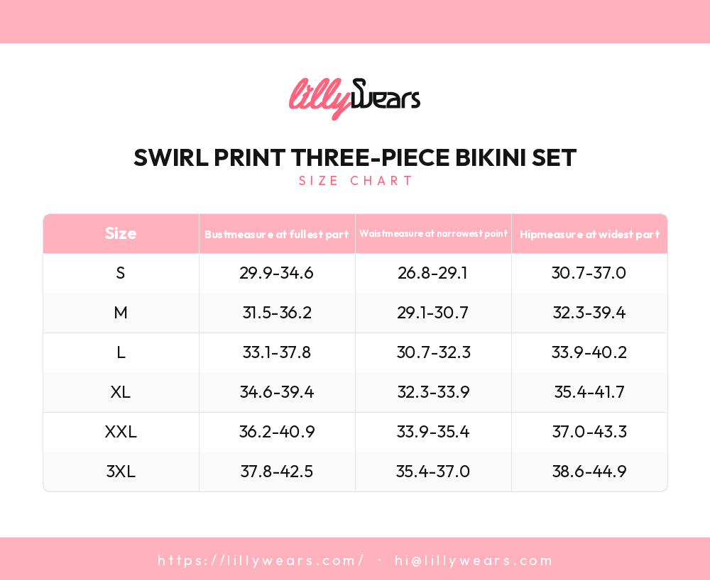 Swirl Print Three-Piece Bikini Set size chart