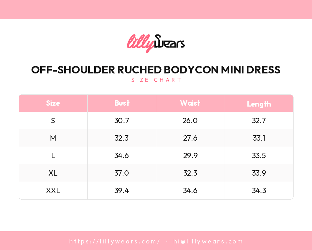 Off-Shoulder Ruched Bodycon Mini Dress size chart