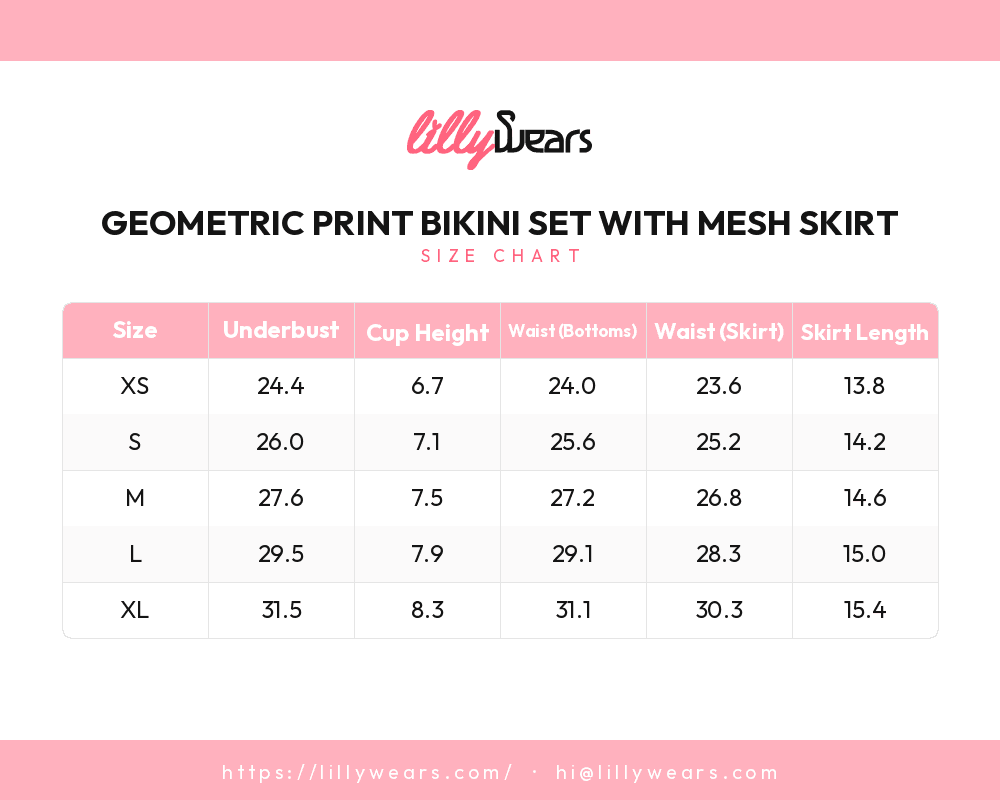 Geometric Print Bikini Set with Mesh Skirt size chart