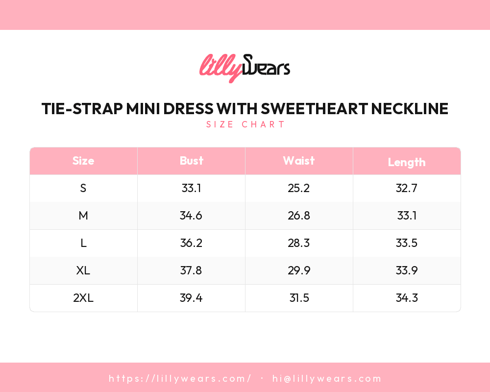 Tie-Strap Mini Dress with Sweetheart Neckline size chart