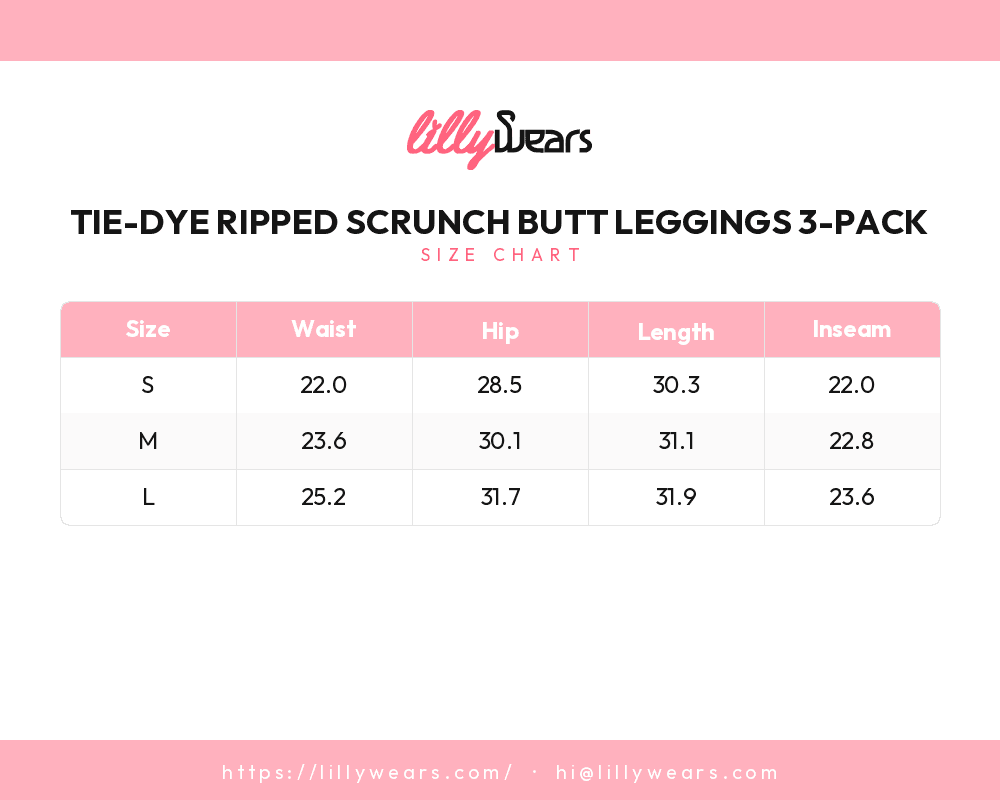 Tie-Dye Ripped Scrunch Butt Leggings 3-Pack size chart